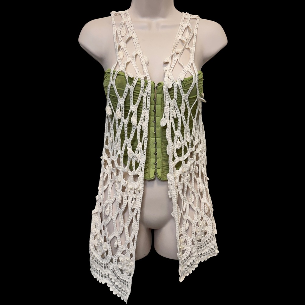 Sassybling Women Open Knit Vest OS Cream Pearl Crochet Boho Festival Cottagecore